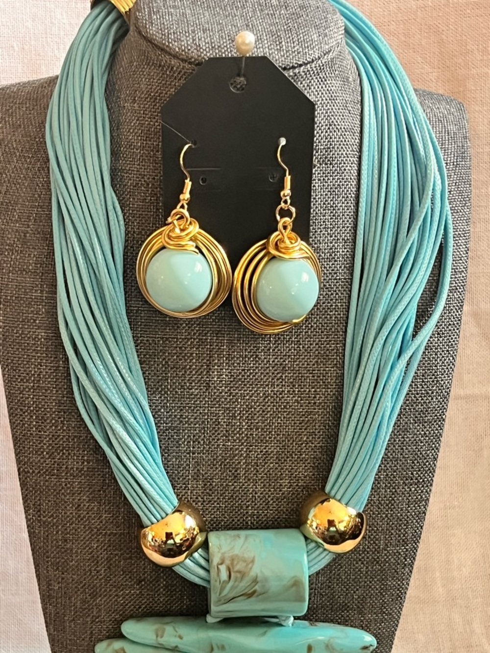 Brilliantly Bold Turquoise Statement Multi-Strand Necklace and Earring Set - Picture 4 of 7